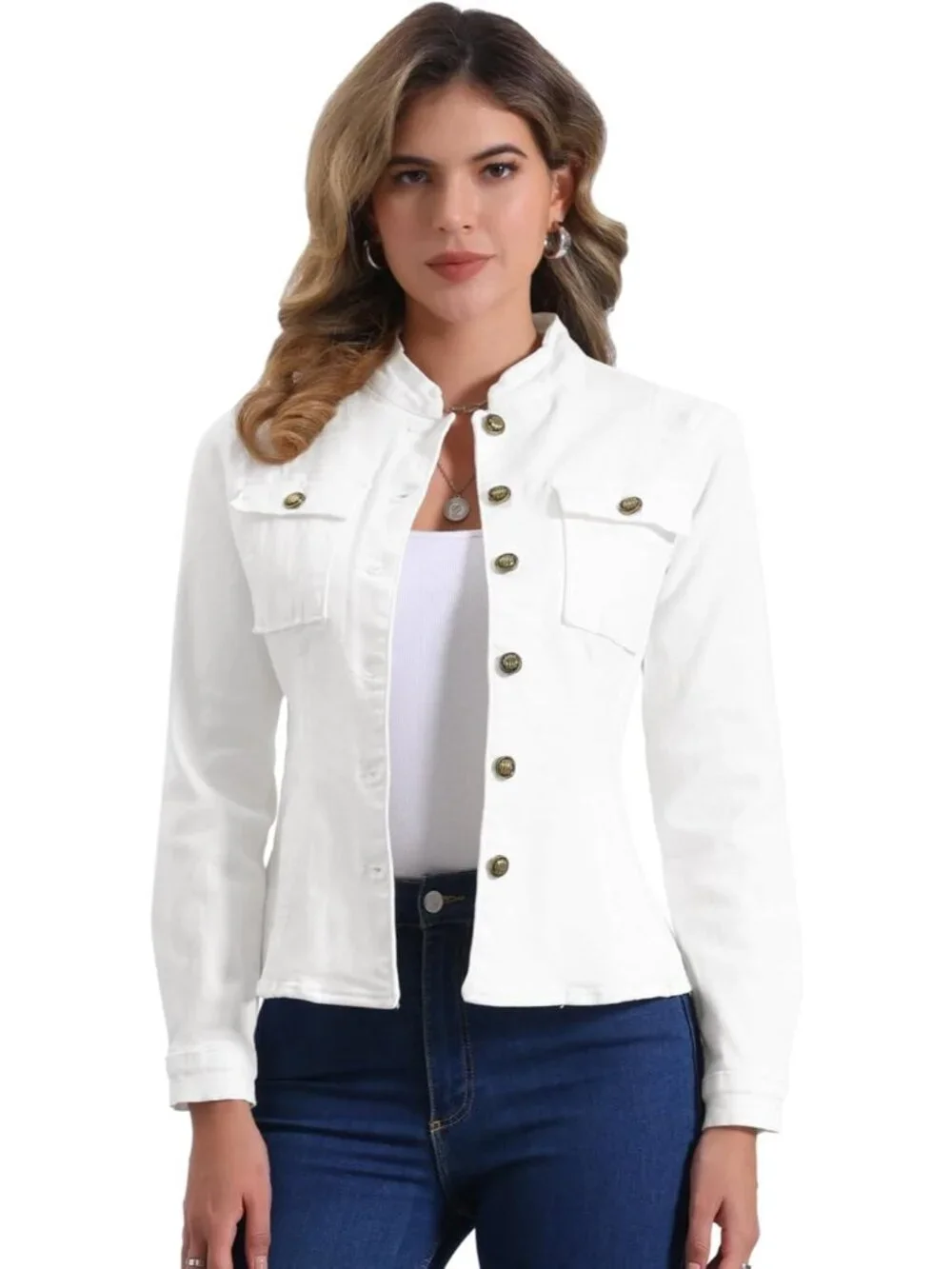 Women's White Classic Stand Collar Long Sleeve Denim Jackets Flap Chest Pockets